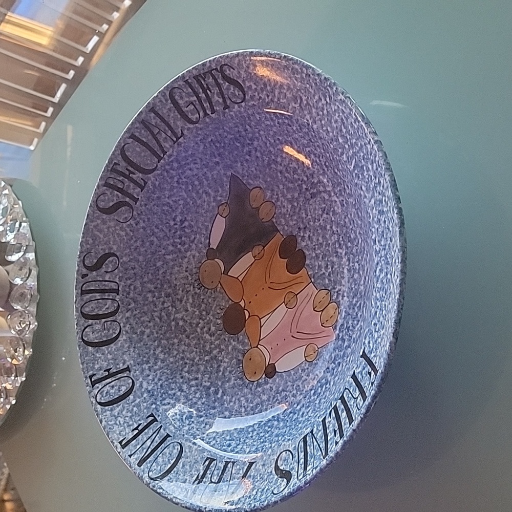 LAURIE GATES.  BLUE STIPPLE Large Bowl.   Painted dolls in bowl.. FRIENDS